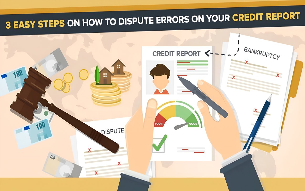 Infographic explaining how to dispute credit report errors, with a credit score gauge, marked documents, and a judge’s gavel.