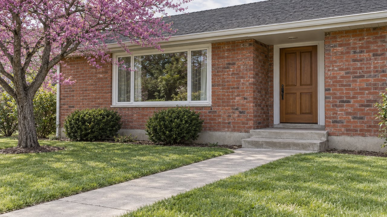 Brick ranch entry with a wood-paneled door, white-trimmed window, concrete walk, lawn, and a redbud tree.