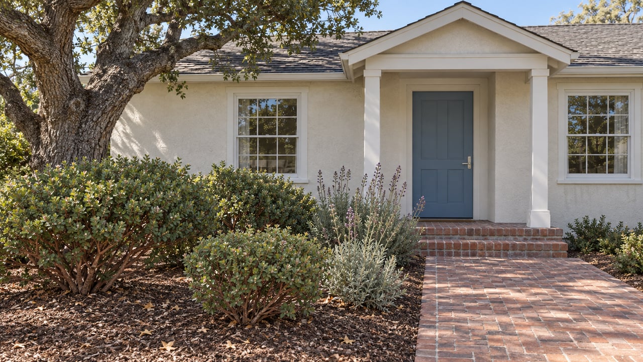 Sunlit stucco home with a blue front door, divided-light windows, brick entry walk and established oak and manzanita planting.