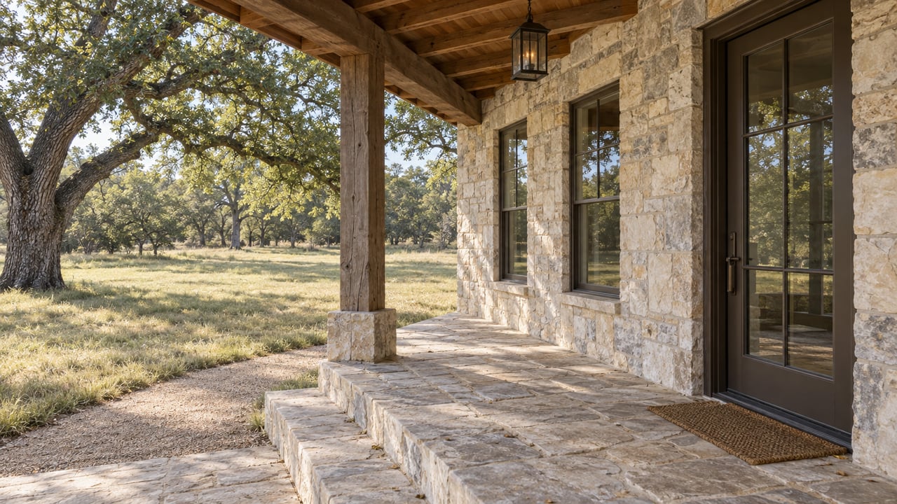Limestone country home with a timber porch, bronze-framed windows, stone steps, and a narrow path through the grassy yard.