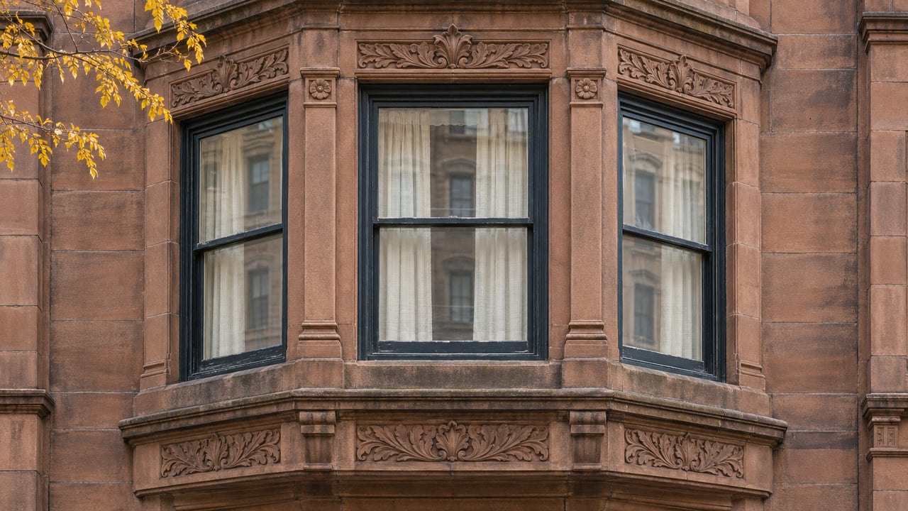 Autumn light on a carved reddish sandstone townhouse bay with three dark timber windows and a delicate golden-leaved branch.