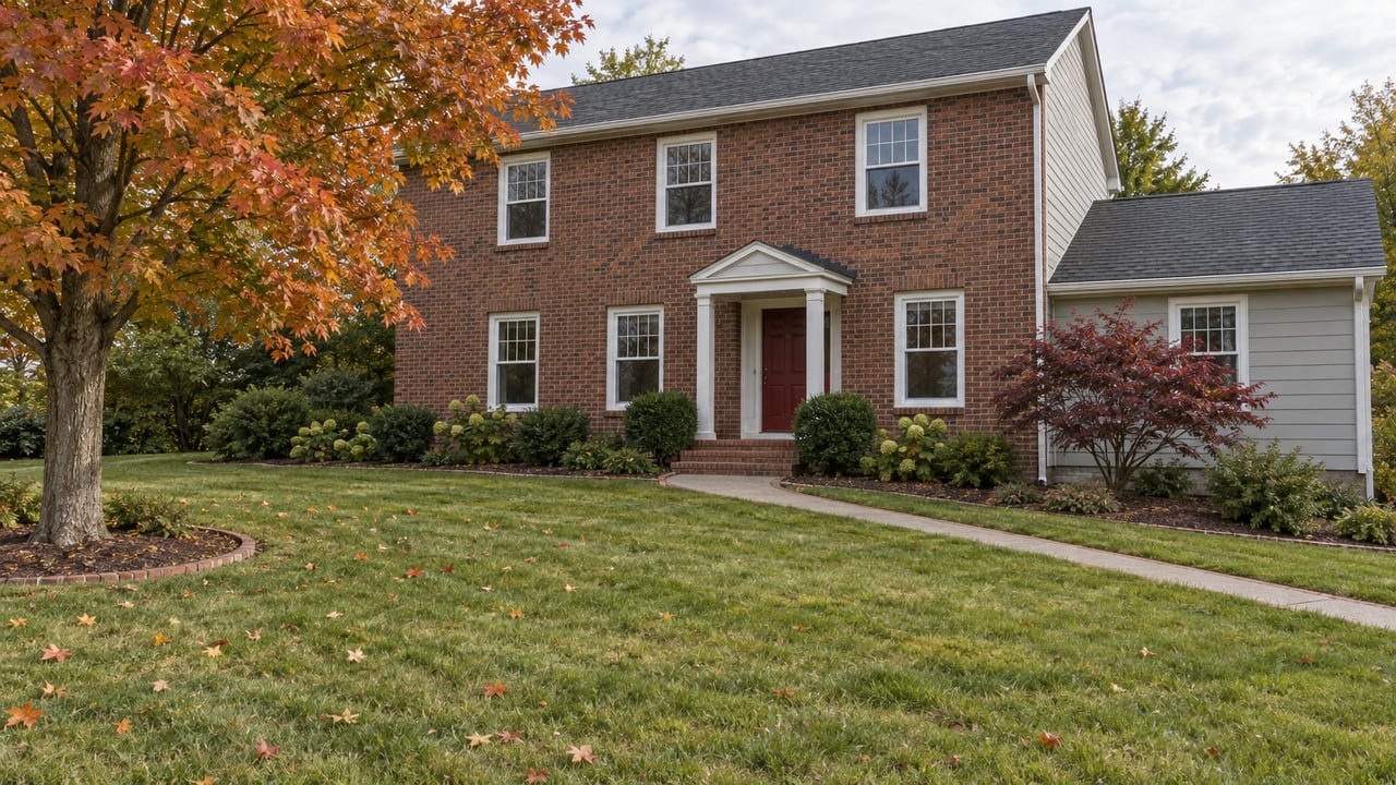 Red-brown brick home with white-trimmed windows, a curved concrete entry walk, a broad lawn, and orange and burgundy autumn trees.