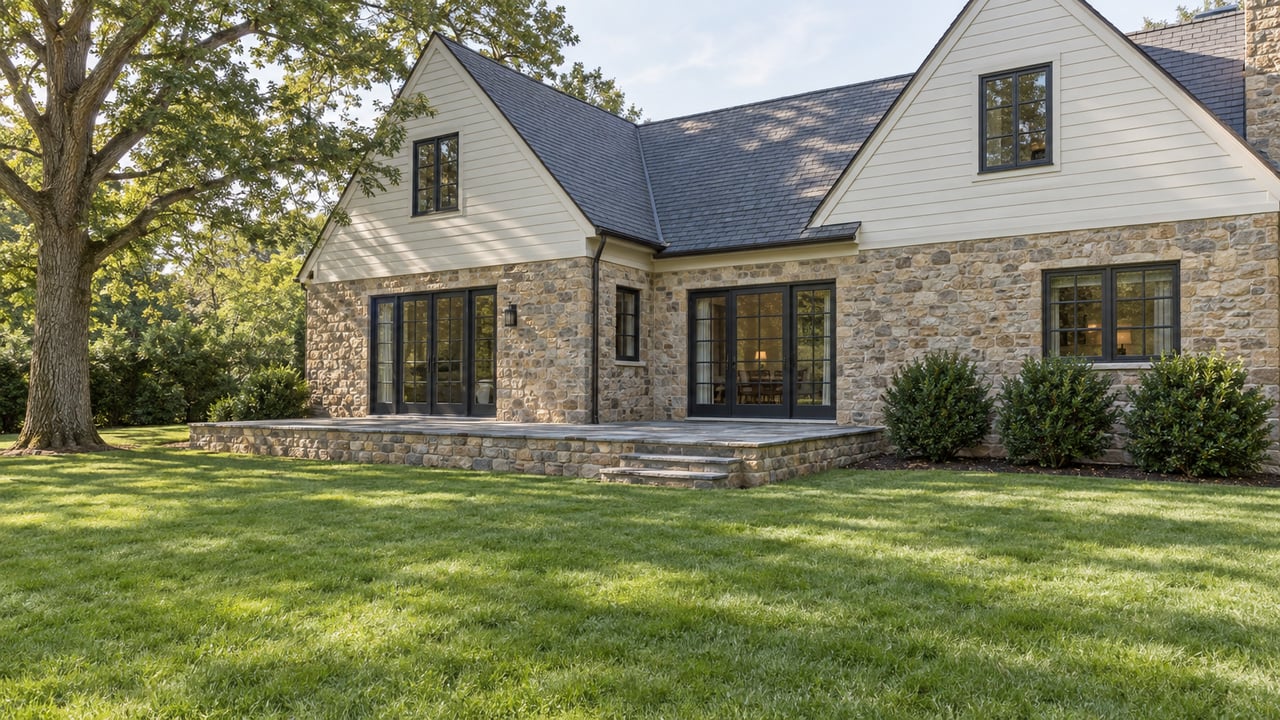 Detached stone-and-siding house with a bluestone terrace, broad lawn, and mature oak tree.
