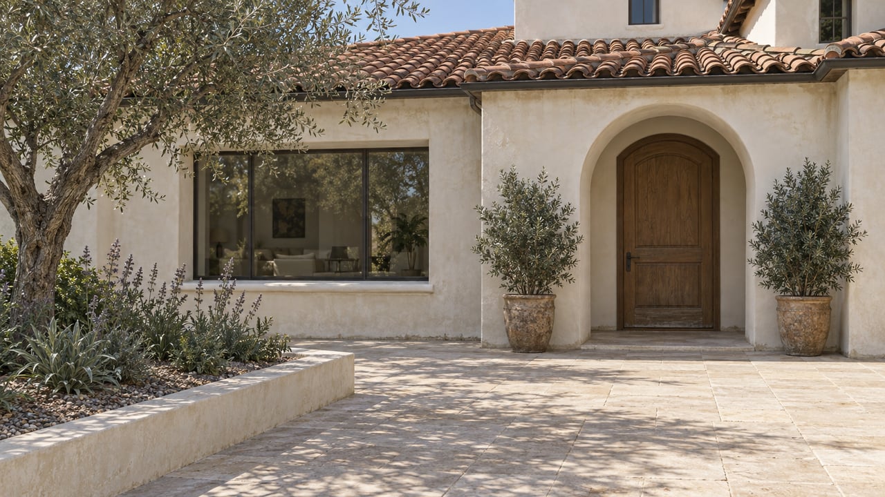 Ivory stucco home with a clay-tile roof, arched oak doorway, bronze-framed window and olive tree beside a limestone entry court.