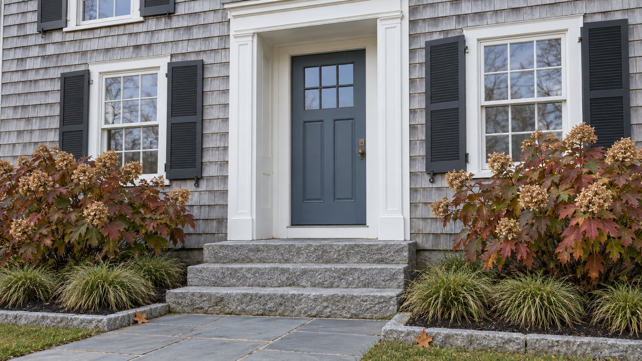 Weathered cedar-shingled home with a blue front door, granite steps, and bronze autumn hydrangeas.