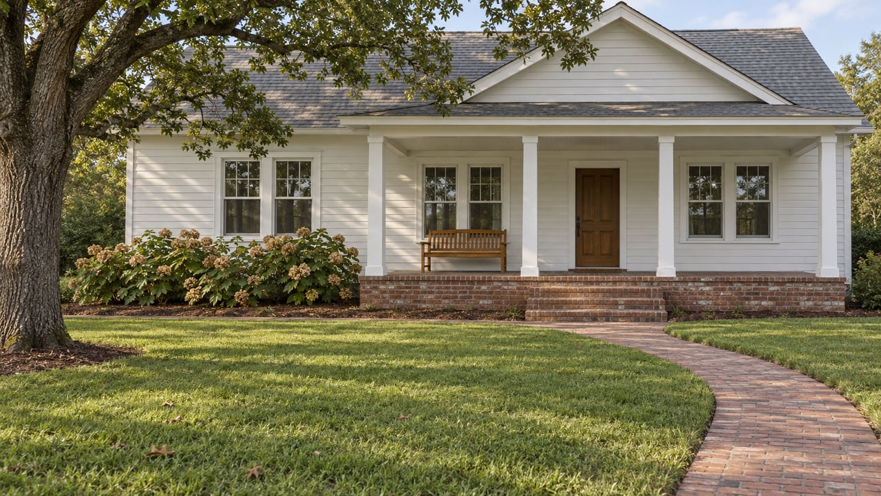 White gabled house with a brick porch, broad front lawn, mature oak and oakleaf hydrangeas in soft afternoon light.