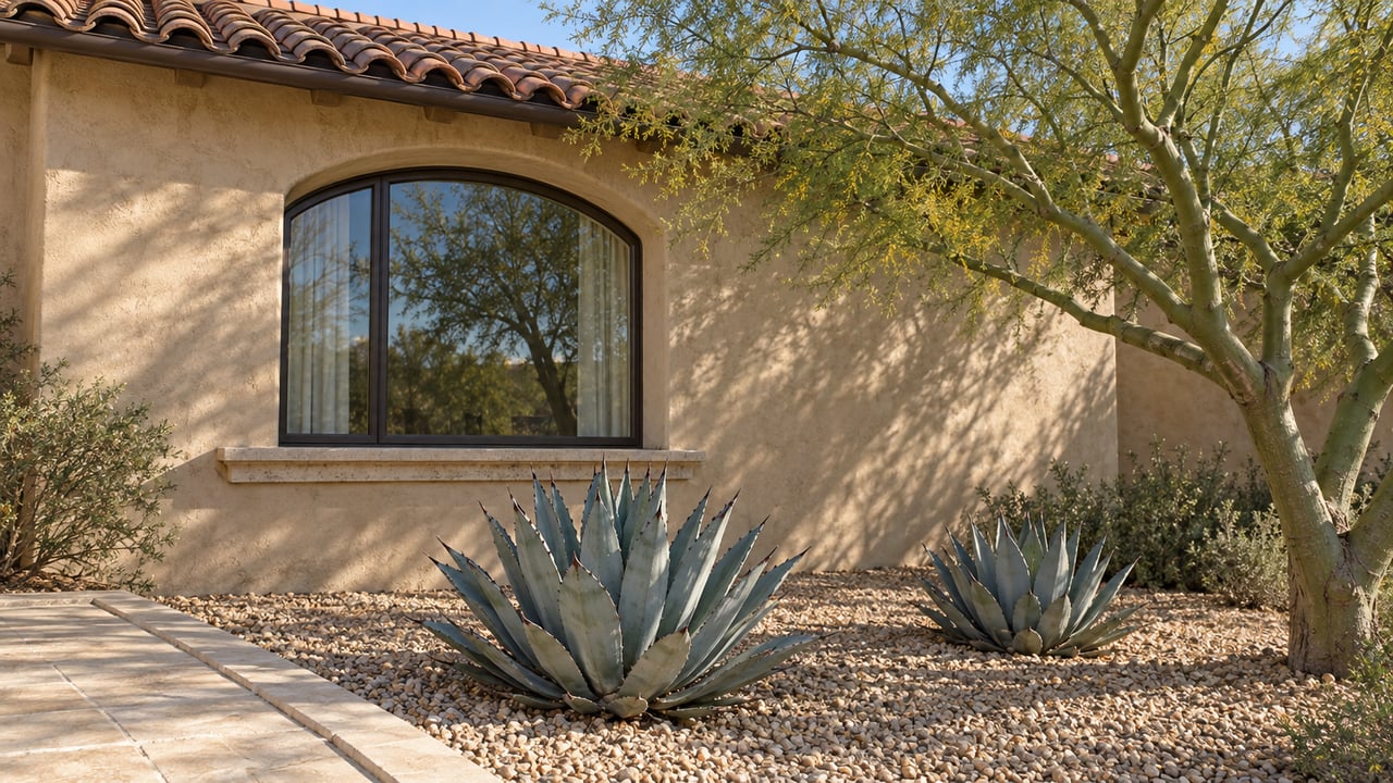 Sand-colored stucco home with terracotta roof tiles, an arched bronze-framed window, a sculptural palo verde tree and two blue-gray agaves in a gravel garden.