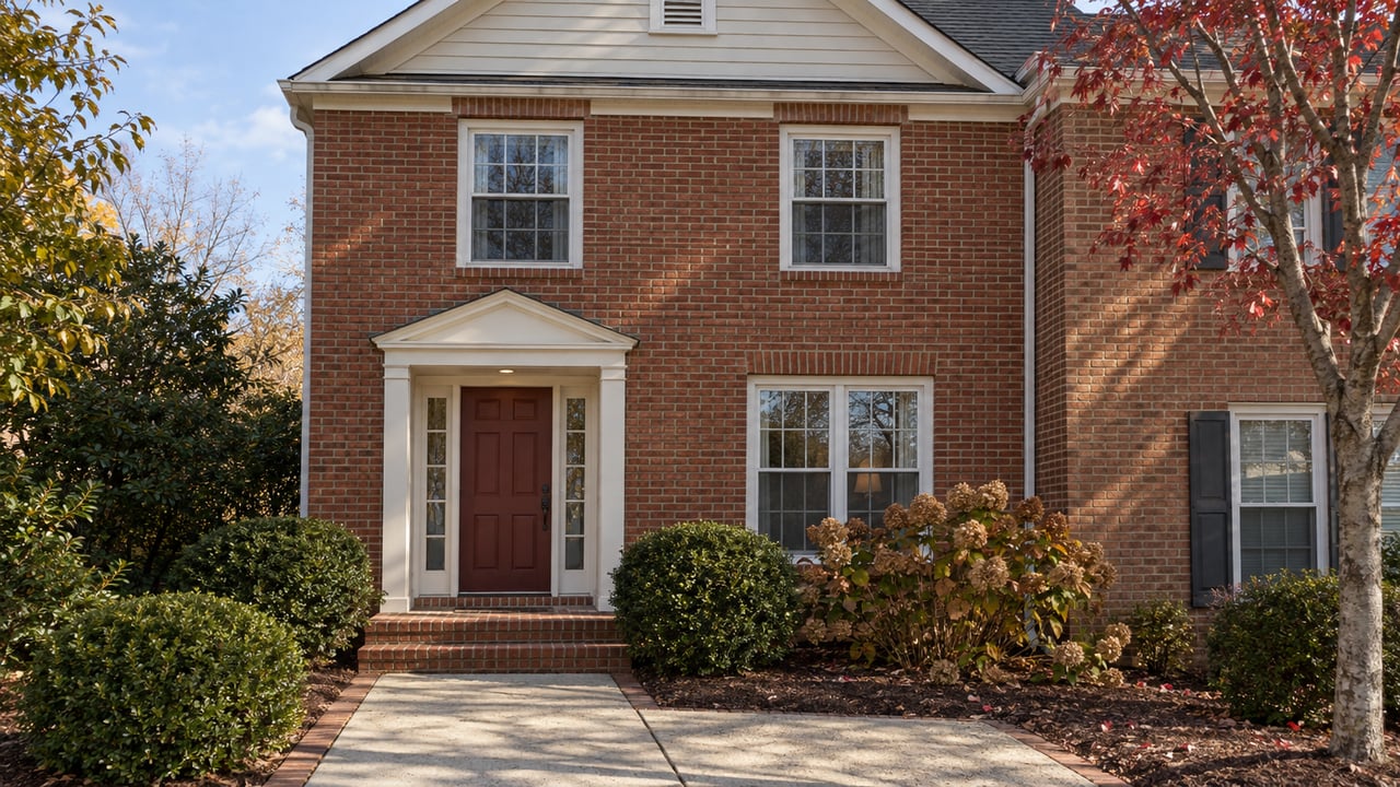 Red-brick attached home with an ivory gable, oxblood entry door and compact autumn-planted approach.