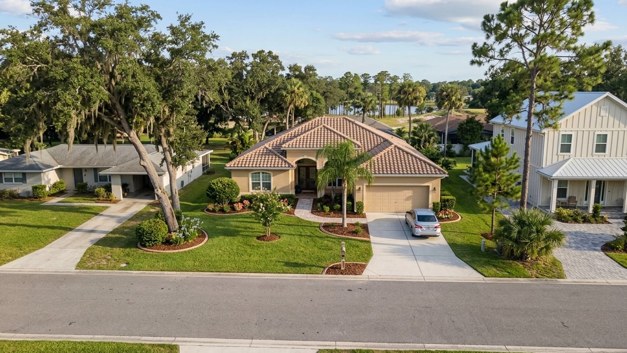 Aerial view of a tan home with a tile roof, landscaped lawn, and lake beyond the neighborhood.