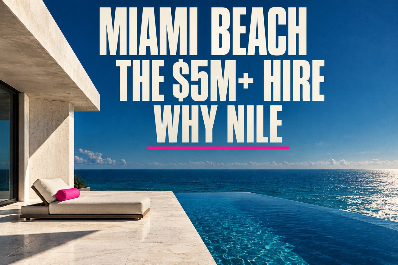 Miami Beach luxury real estate promotion: “The $5M+ Hire, Why Nile,” over an oceanfront infinity pool.