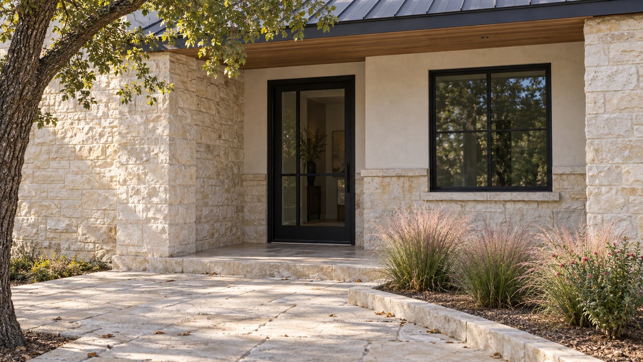 Stone-and-stucco home entry with a glazed door, limestone approach, and grasses behind a raised curb.