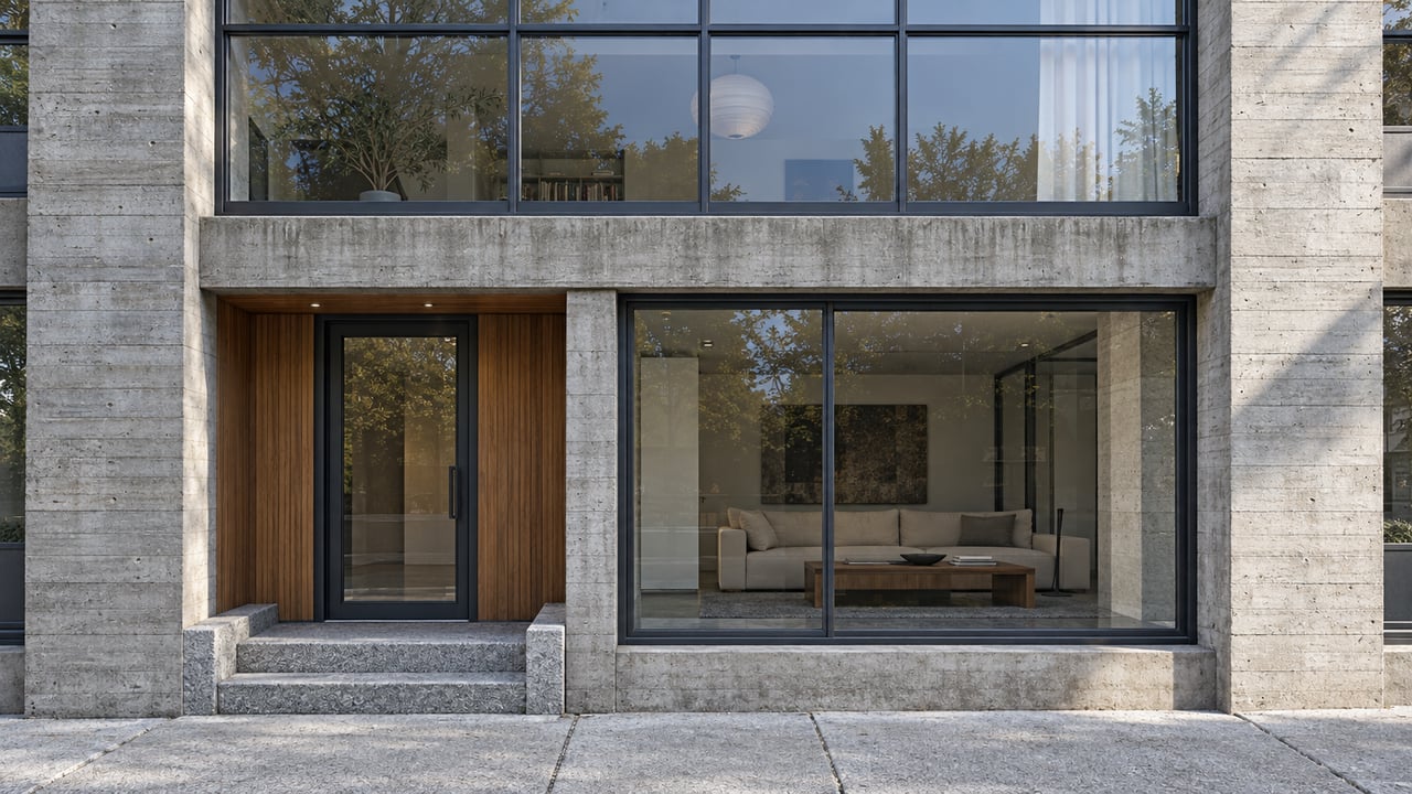 Concrete residential loft facade with black steel windows, a recessed glazed entrance and worn stone steps beside a city sidewalk.