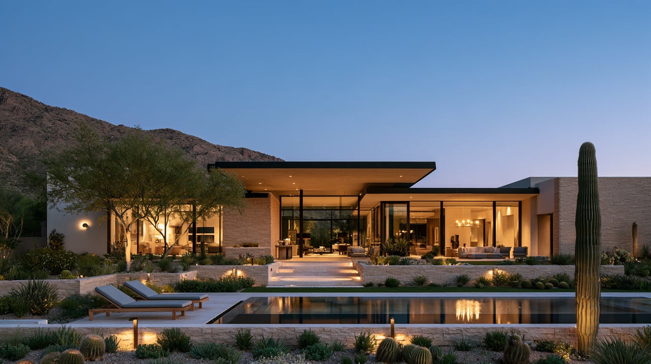 Modern desert home with a reflecting pool, saguaro cactus, and mountain backdrop at dusk.