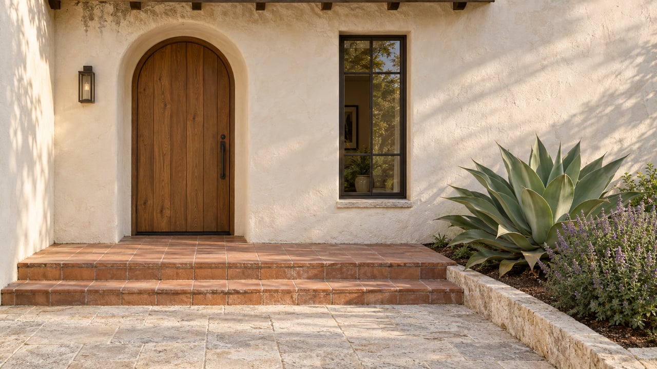 Coastal stucco entry with an arched oak door, terracotta steps, and agave beside the stone court.
