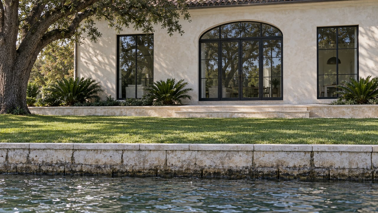 Cream stucco lakeside home with arched glass doors, a limestone terrace, lawn, retaining wall, and oak tree.