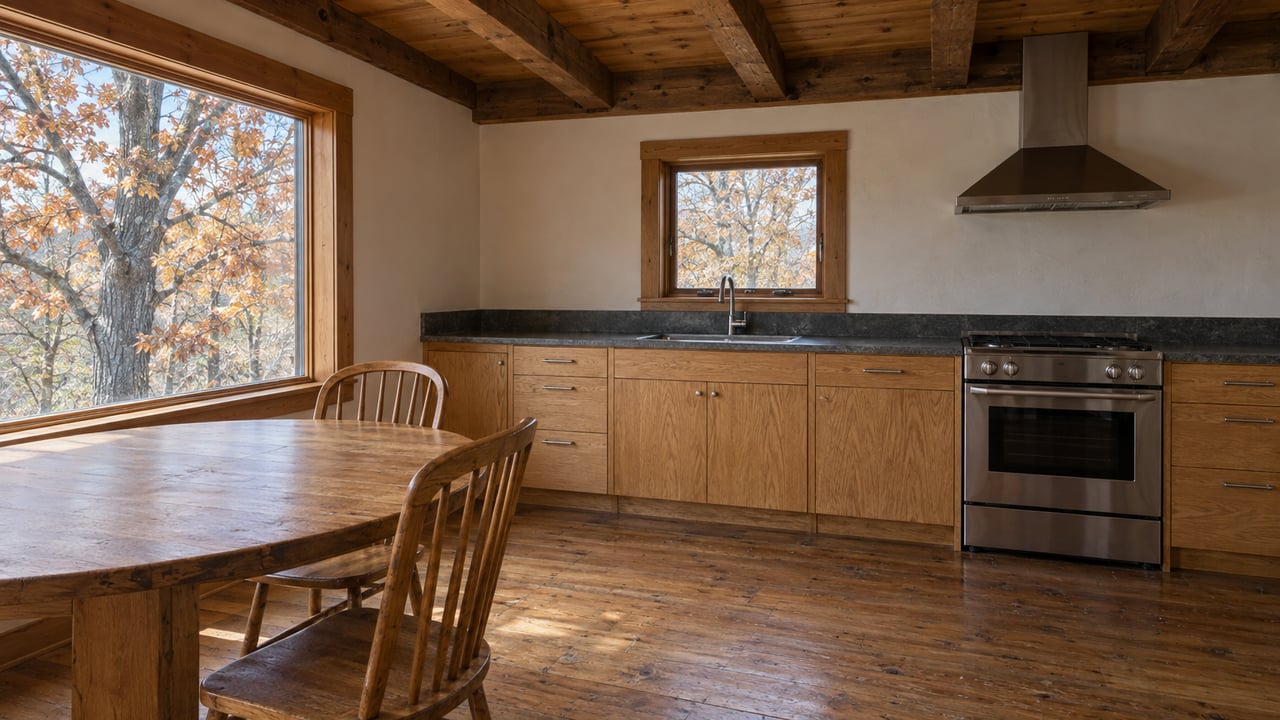 Morning light falls across an oak dining table and a compact kitchen with pine ceiling boards, timber beams, and soapstone counters.