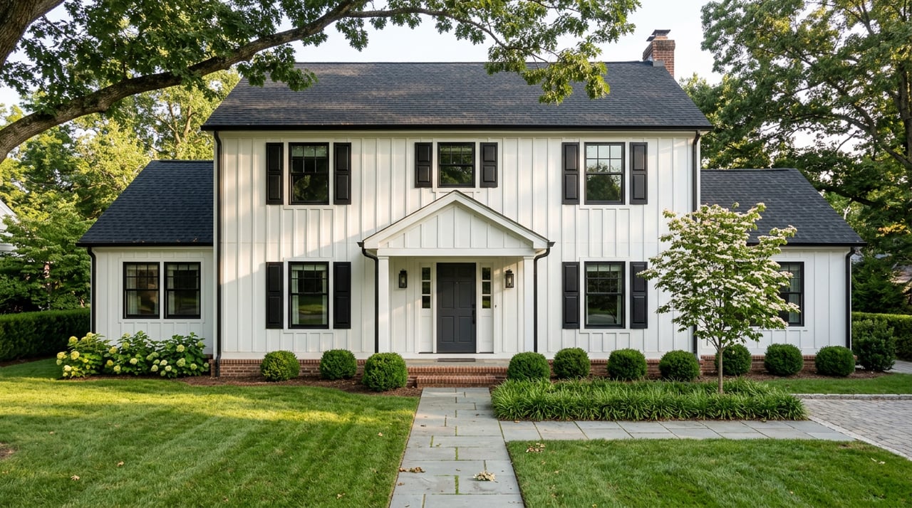 White two-story board-and-batten house with black trim, a charcoal gabled entry, and a bluestone walk through the lawn.