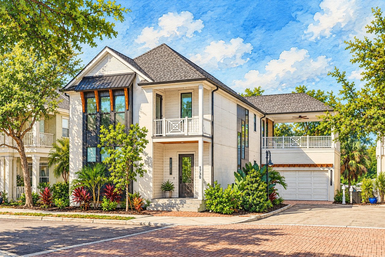 Two-story light-colored home with balconies, tropical landscaping, and a brick driveway.