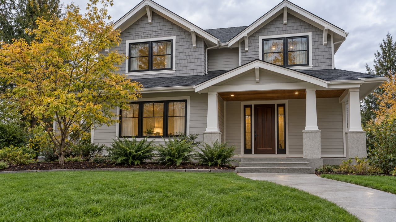 Gabled two-story home with mixed gray siding, a covered cedar porch, a deep green lawn and an autumn vine maple.