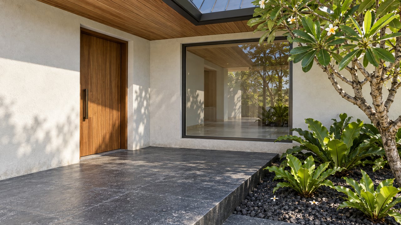 Sheltered timber entry and glazed window beneath a wood-lined pavilion roof, with basalt paving and a plumeria planting bed.