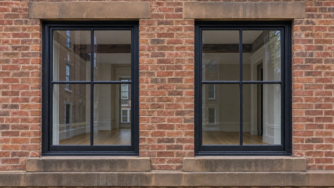 Two black-grid residential windows framed by warm brick and weathered brown sandstone, photographed in soft daylight.