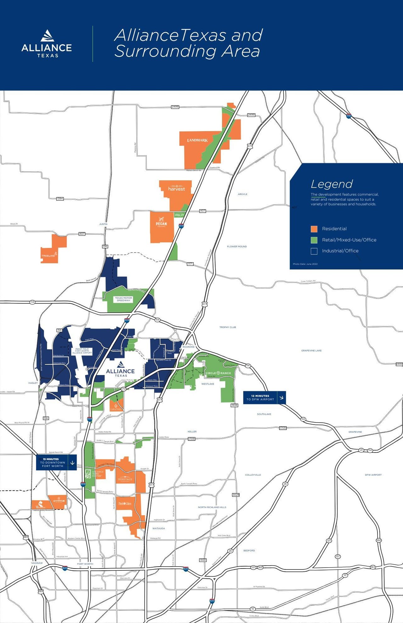 Map of Alliance Texas corridor showing Hillwood Communities locations including Treeline in Justin, Harvest in Argyle, Pecan Square in Northlake, and Landmark in Denton with major highways