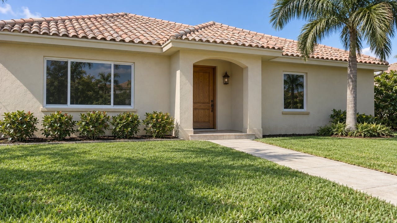 Sunlit ivory stucco home with a terracotta roof, arched entry, broad front lawn and a mature royal palm.
