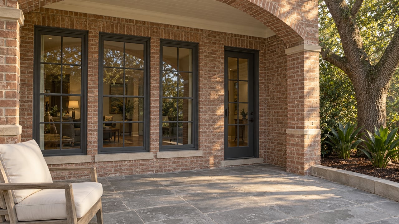 Brick-arched residential terrace with tall dark-framed windows, a closed glass door, limestone paving and a weathered teak chair.