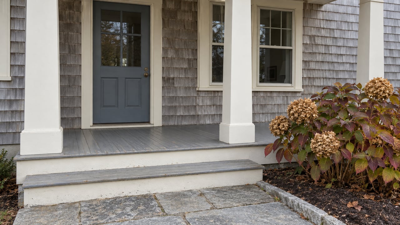 Weathered cedar-shingle home with an ivory-trimmed covered porch, blue-gray front door, granite approach and autumn hydrangea.