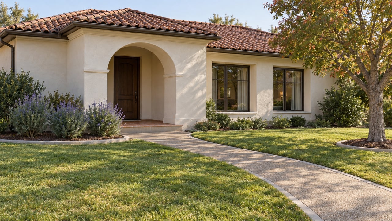 Ivory stucco home with a red clay tile roof, recessed arched entry, broad lawn and a mature tree in morning light.