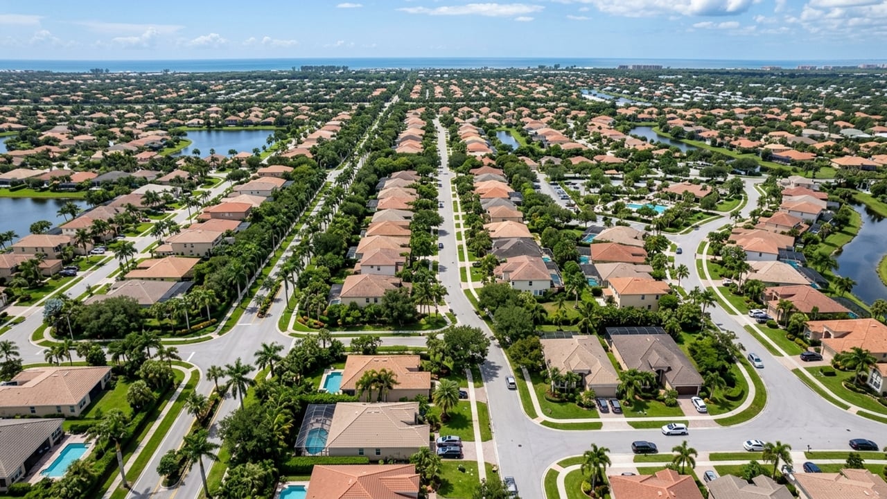 Aerial view of a coastal neighborhood with landscaped streets, lakes, and the ocean in the distance.