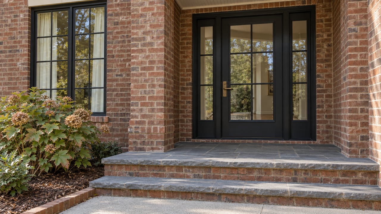 Covered brick entry with a black glazed door, matching sidelights, blue-gray slate steps and an oakleaf hydrangea.