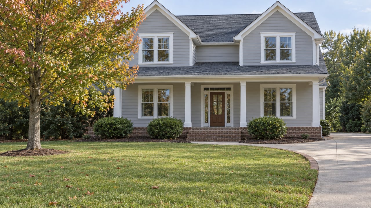 Light-gray gabled home with a brick foundation, covered front porch and deep lawn beneath a mature red maple.