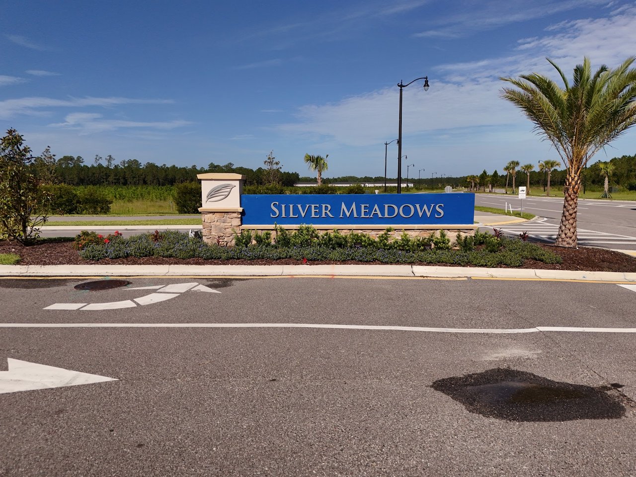 Silver Meadows entrance sign beside a landscaped road, with palm trees and a blue sky.
