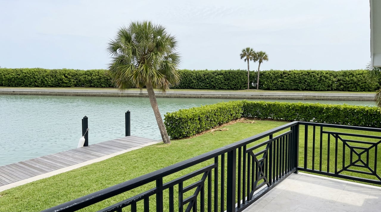Waterfront backyard with a black geometric balcony railing, silvered dock, rippling canal, and a palm beside the water.