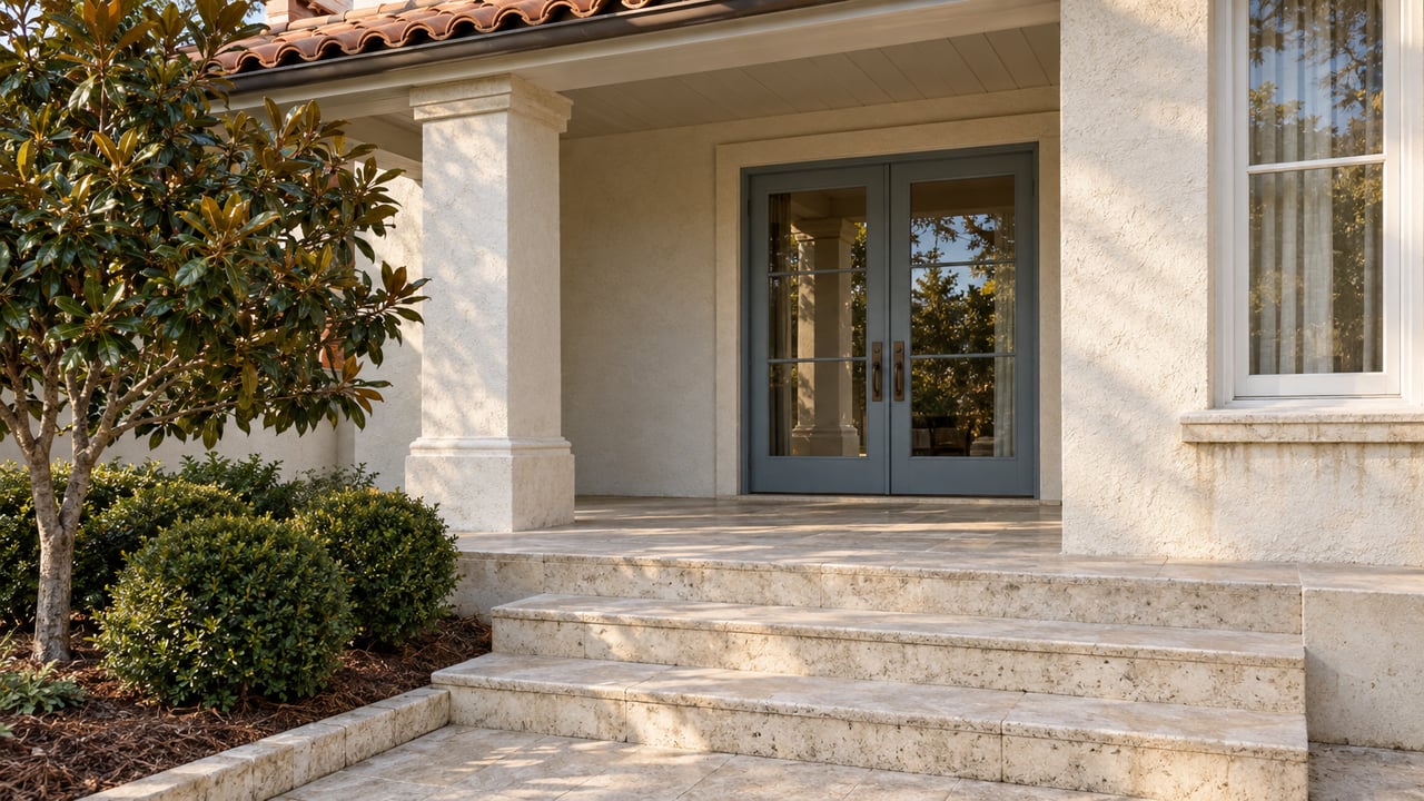 Sunlit stucco home entrance with clay roof tiles, limestone steps, blue-gray glazed double doors and magnolia planting.