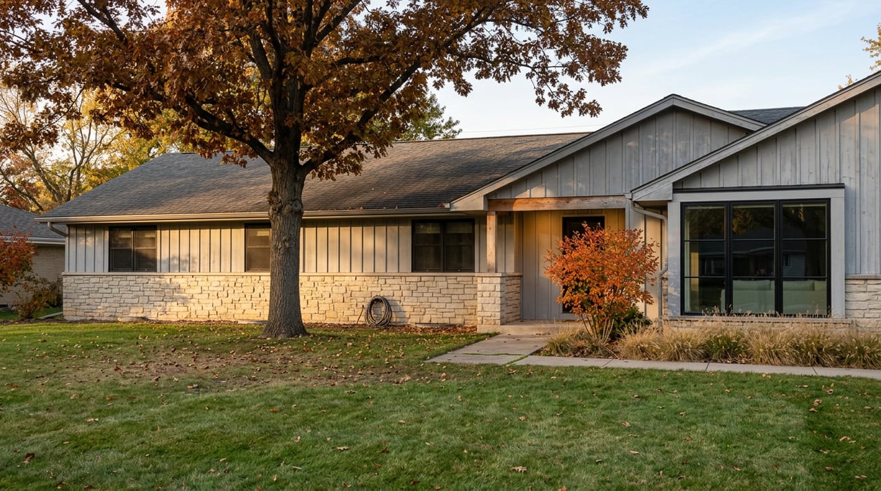 Stone-and-cedar rambler with a black-framed window, beneath a russet-and-gold oak across a leaf-strewn lawn.