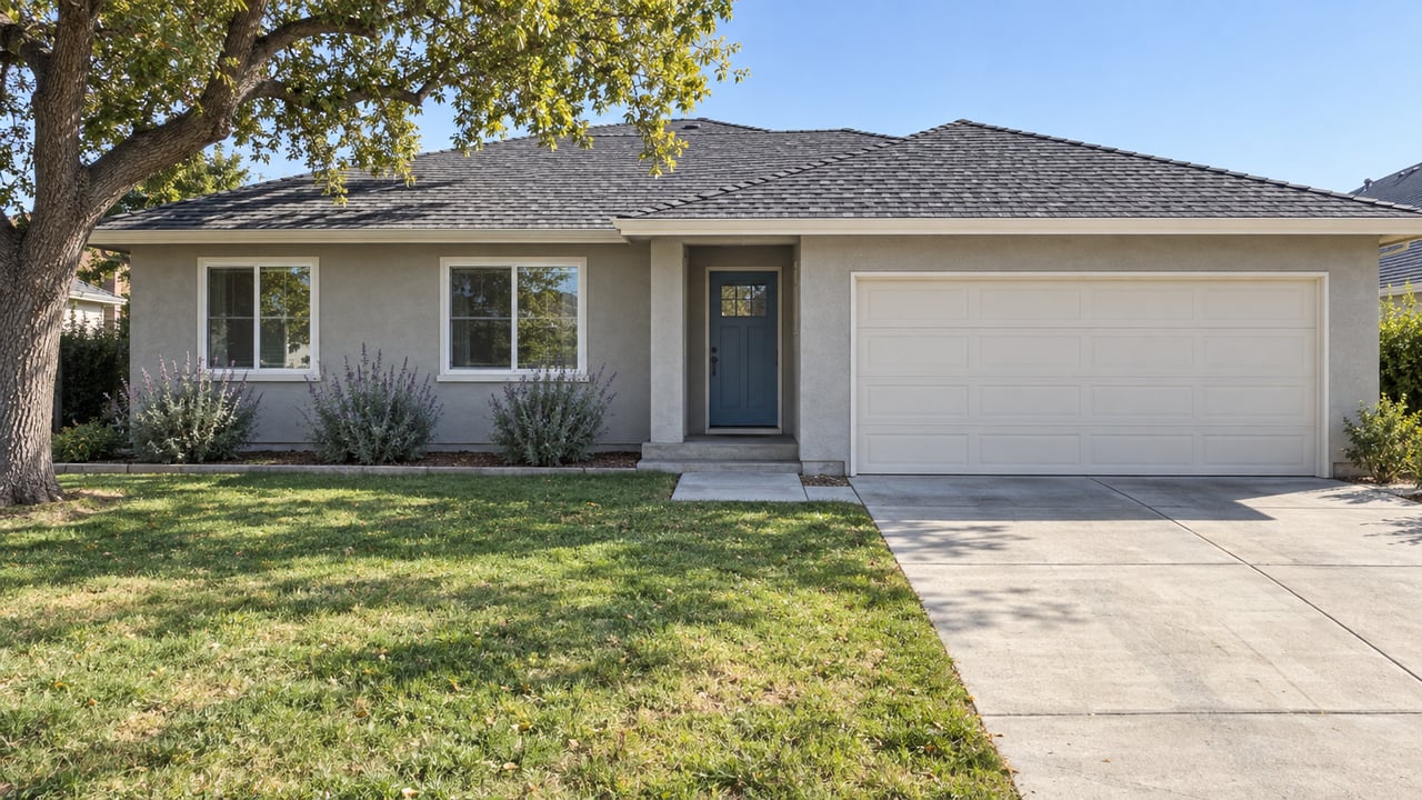 Single-story stucco home with a blue front door, attached garage, deep front lawn and an established oak in clear morning sunlight.