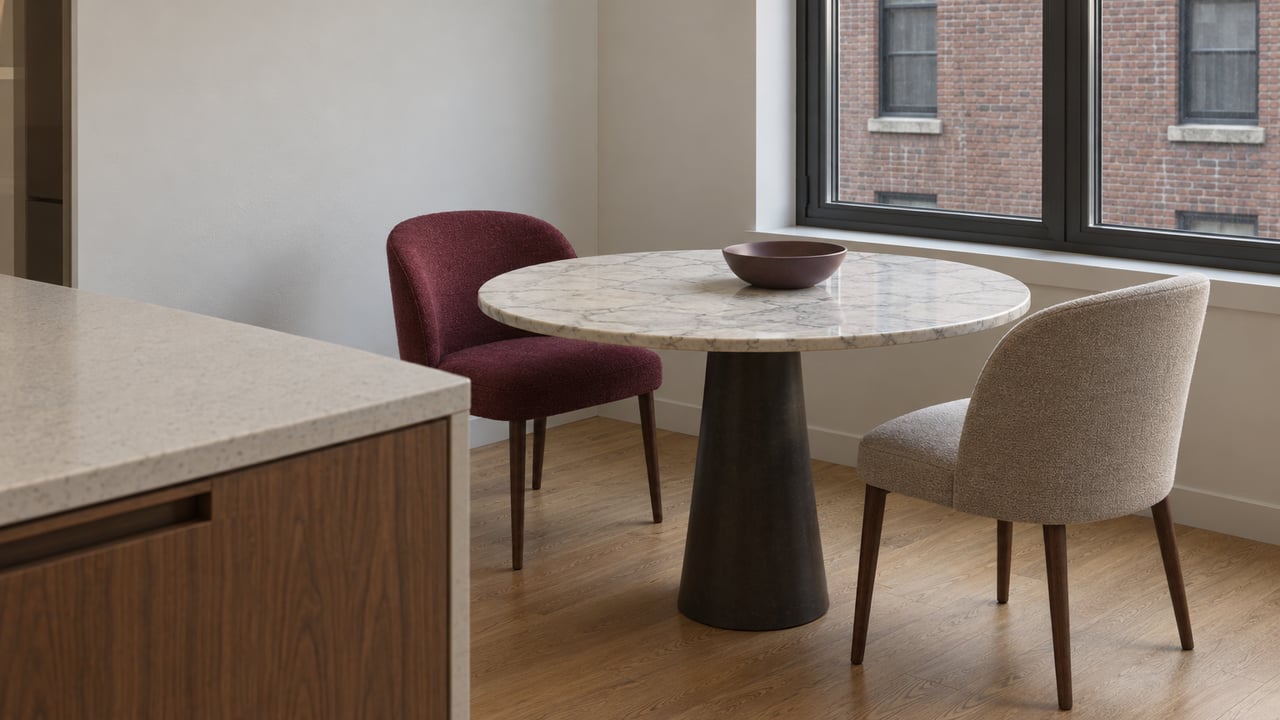 A compact contemporary dining corner with a cream marble table, raspberry and oatmeal chairs, walnut cabinetry, and a window facing red brick residences.