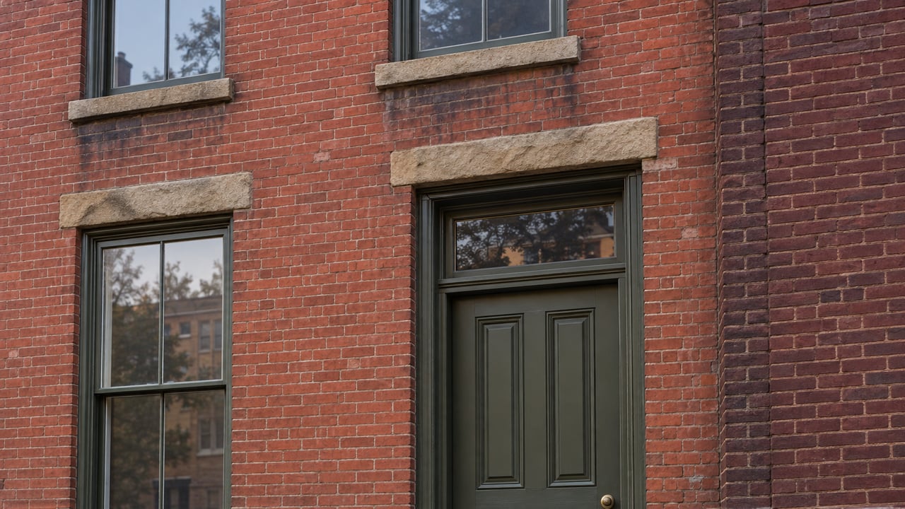 Historic red-brick rowhouse entrance with dark olive door, tall sash window, and worn stone stoop.