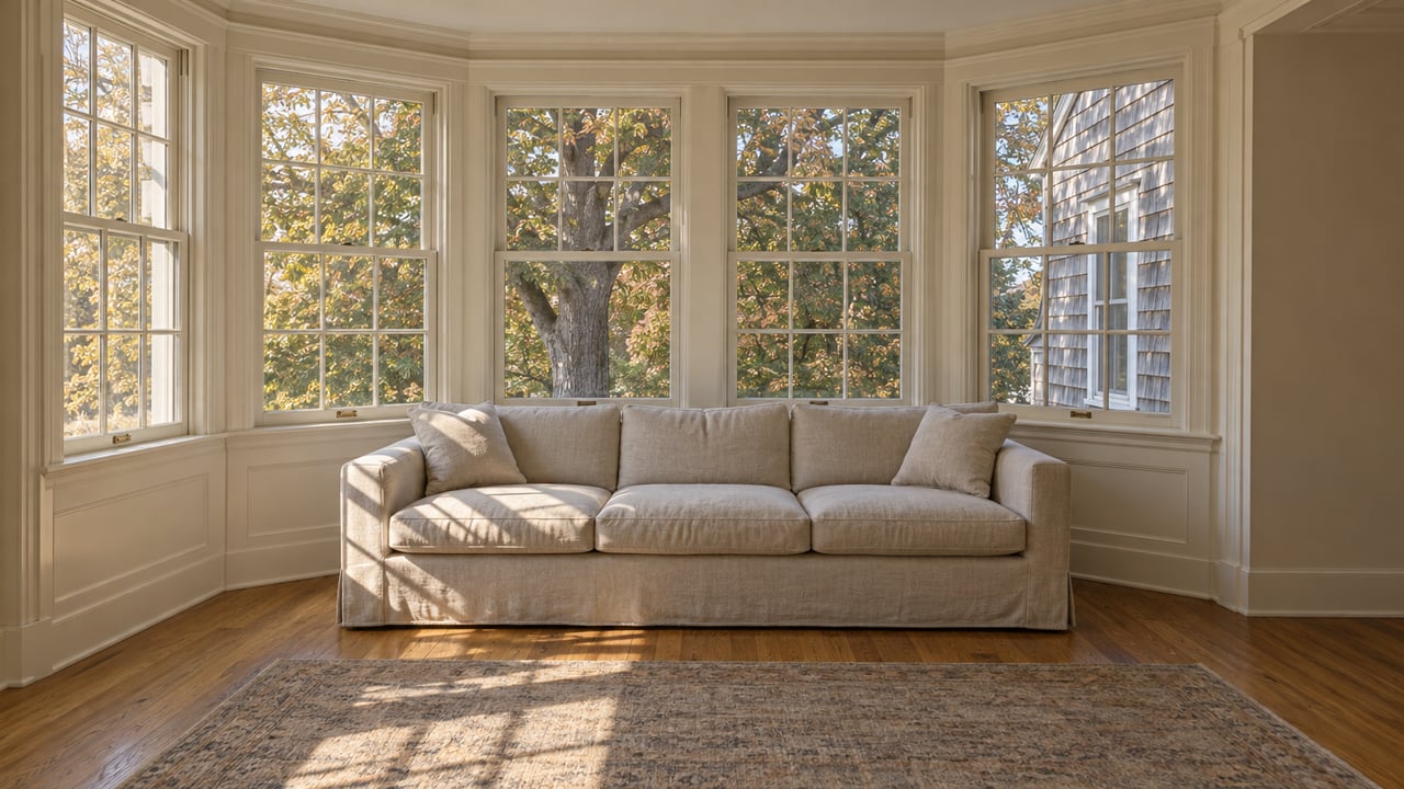 Linen sofa before a five-panel bay window, with an oak tree and cedar shingles visible outside.