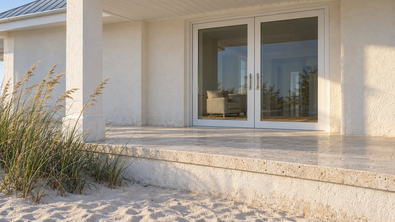 Close view of a pale stucco beach home's raised limestone porch, white-framed glass doors and sea oats growing in rippled sand.