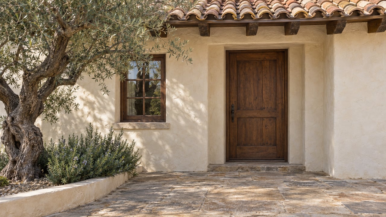Older home entry with a recessed timber door, divided-light window, terracotta roof, and olive tree.