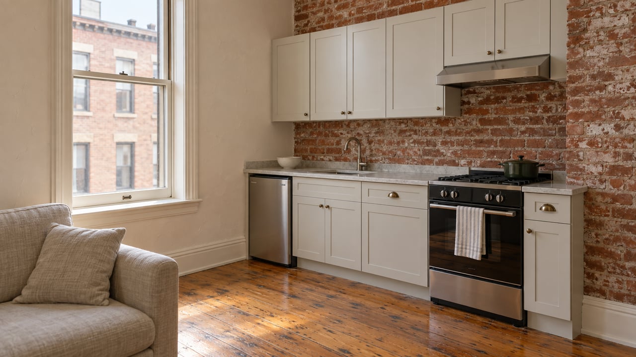 Compact apartment with a brick kitchen wall, tall sash window, pale cabinets, and worn pine floors.