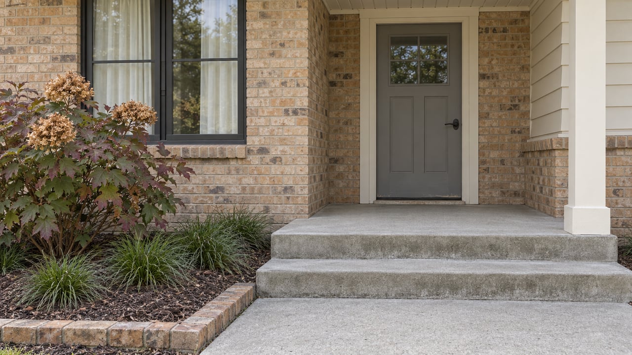 Buff-brick home entry with a gray door, concrete steps and burgundy oakleaf hydrangea beside the walk.
