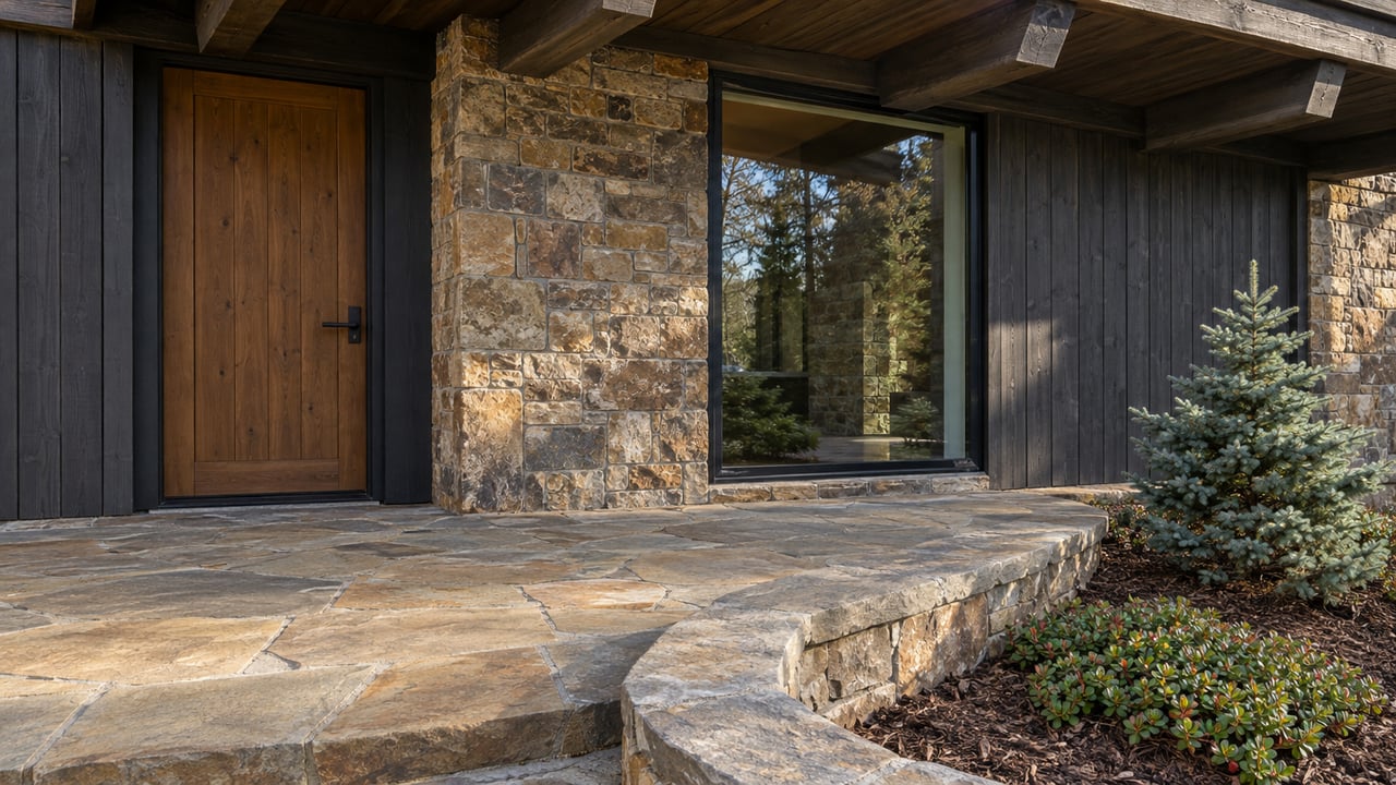 Elevated close view of a timber and stone home entrance, with a sandstone landing and curved retaining wall beside a small blue-green spruce.