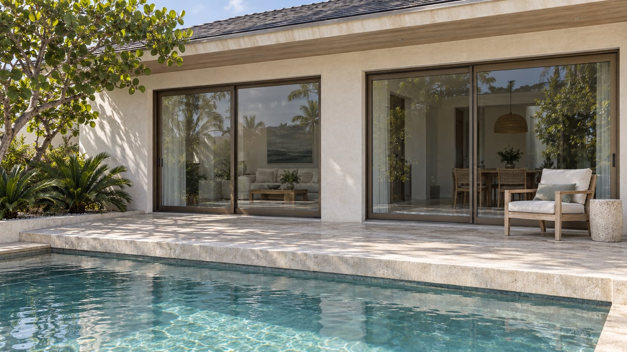 Coastal house with bronze-framed glass doors, a shaded terrace, and a rippled pool in the foreground.