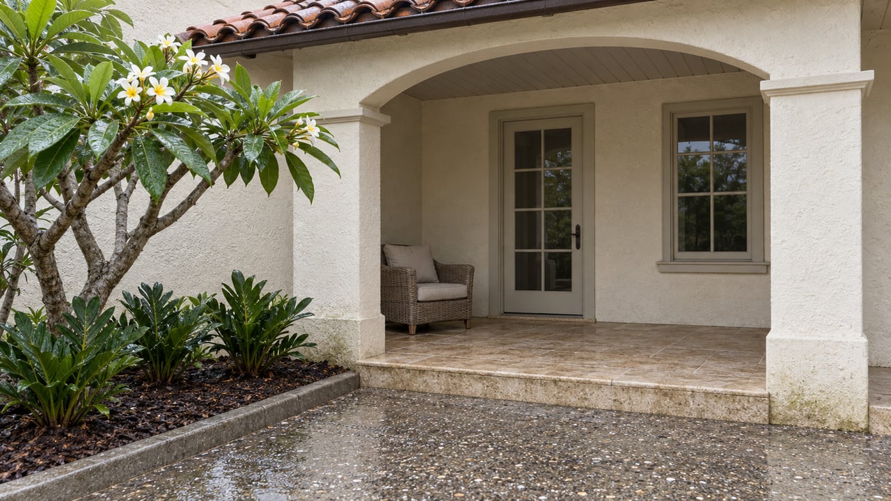 Rain-darkened shell-aggregate approach leading to a sheltered cream-stucco porch with clay roof tiles, a woven chair, and a flowering-tree planting bed.