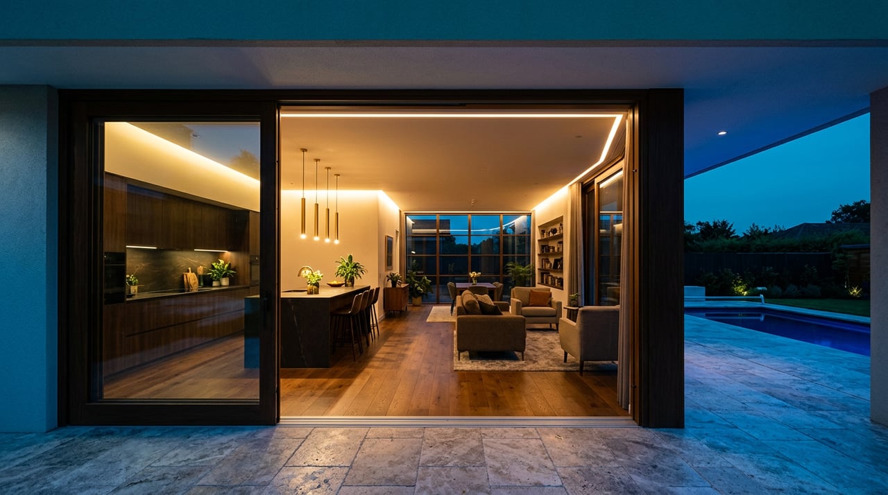 Open glass doorway frames a warm-lit kitchen and living room, with a blue dusk sky and pool deck beyond.