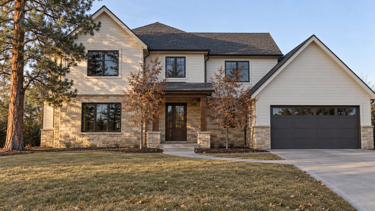 Updated two-story home with ivory siding, sandstone accents and a deep autumn lawn in warm afternoon light.